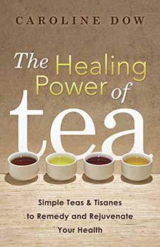 Book cover about the healing power of tea, featuring cups of different teas.