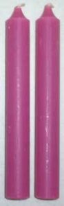 Two pink candles standing upright, smooth surface, simple design.
