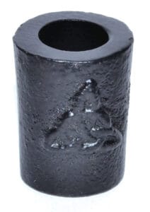 Black cylindrical candle holder with Celtic knot design, made of textured material.