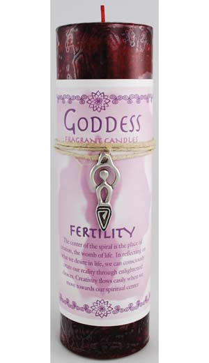Red candle with Goddess fertility label, Celtic symbols, and decorative elements.