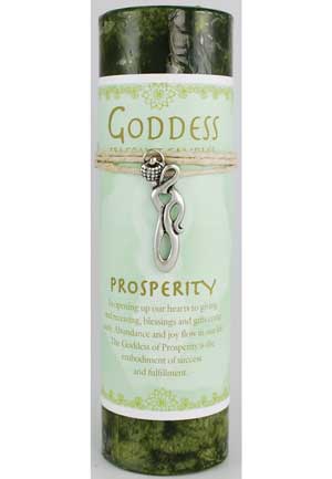 Candle with a silver charm and a label reading "Goddess Prosperity" for spiritual focus.