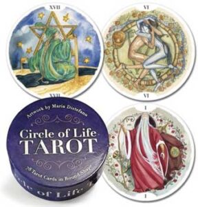 A set of four Celtic-inspired tarot cards with intricate designs and symbols.