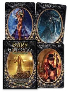 Dark Goddess tarot card with a woman holding a sword and a moonlit sky.