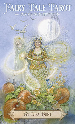 A woman in Celtic-inspired attire holding a wand, surrounded by pumpkins, a glowing moon, and mystic.
