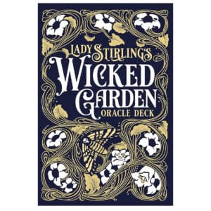 Artistic design of a deck box for Lady Stirlings' Wicked Garden Oracle, featuring floral and bee mot.