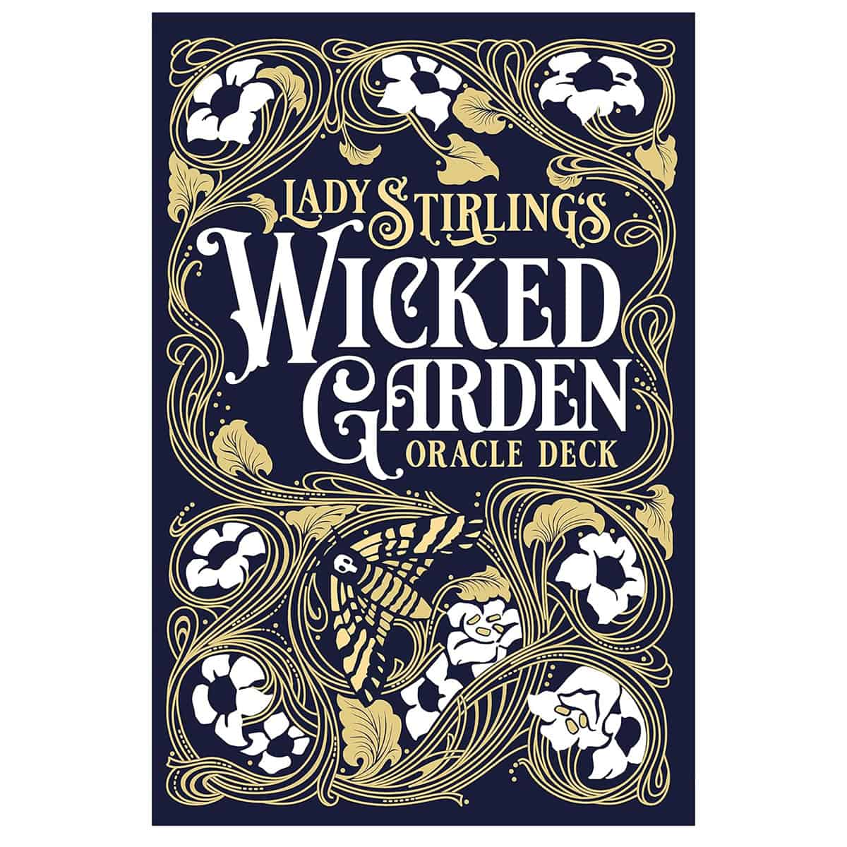 Artistic design of a deck box for Lady Stirlings' Wicked Garden Oracle, featuring floral and bee mot.