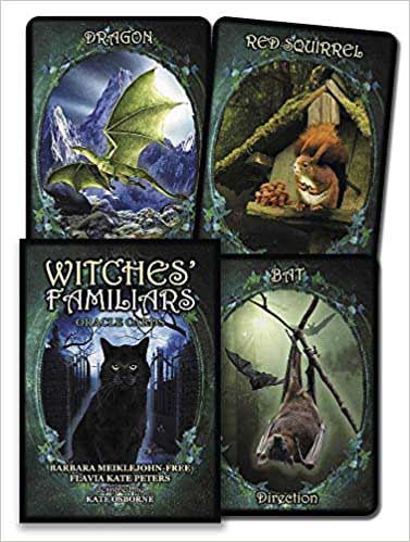 A set of four tarot-style cards featuring a dragon, red squirrel, black cat, and bat, used for Celti.
