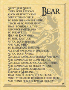 Illustration of a Celtic-style bear with spiritual text on a parchment background.