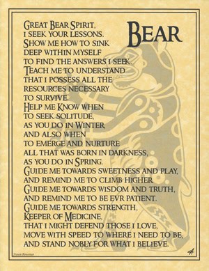 Illustration of a Celtic-style bear with spiritual text on a parchment background.