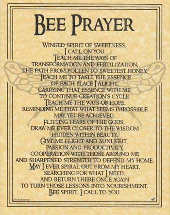 Close-up of a printed bee prayer on aged paper, emphasizing spirituality and nature.