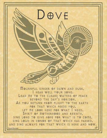 Dove illustration with Celtic-style patterns and a halo, symbolizing peace and spirituality.
