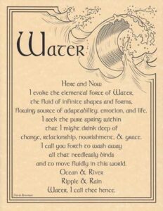 A flowing wave illustration with text about water's elemental force and spiritual significance.