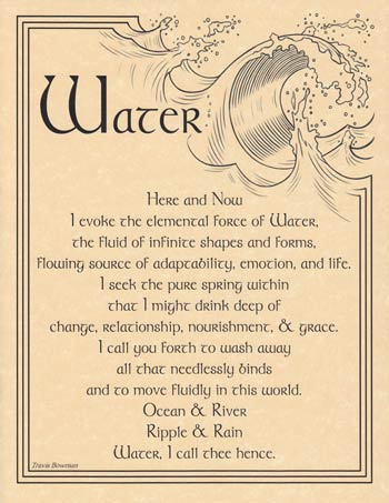 A flowing wave illustration with text about water's elemental force and spiritual significance.