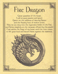 Illustration of a fire dragon with detailed scales and flames, related to Celtic spirituality and el.