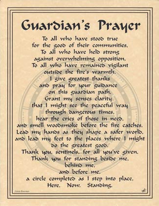 A handwritten prayer on aged paper with Celtic-inspired border design.