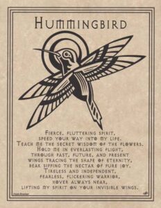 Hummingbird illustration with a poetic inscription.