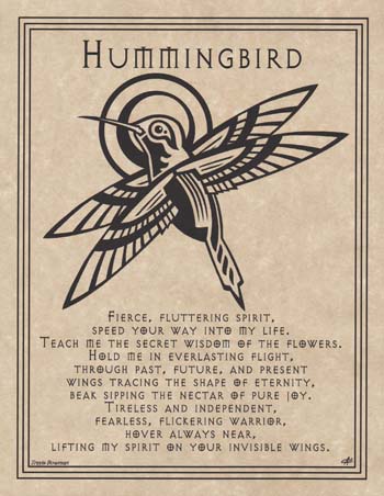 Hummingbird illustration with a poetic inscription.