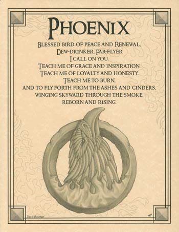 Phoenix symbol representing rebirth and renewal, with poetic verses about loyalty, honesty, and risi.
