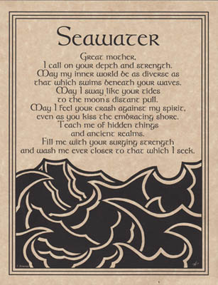 Celtic poem about seawater, strength, and ancient realms, with ocean waves illustration.
