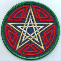 Circular patch featuring a pentacle with Celtic knot patterns in red, yellow, and green.