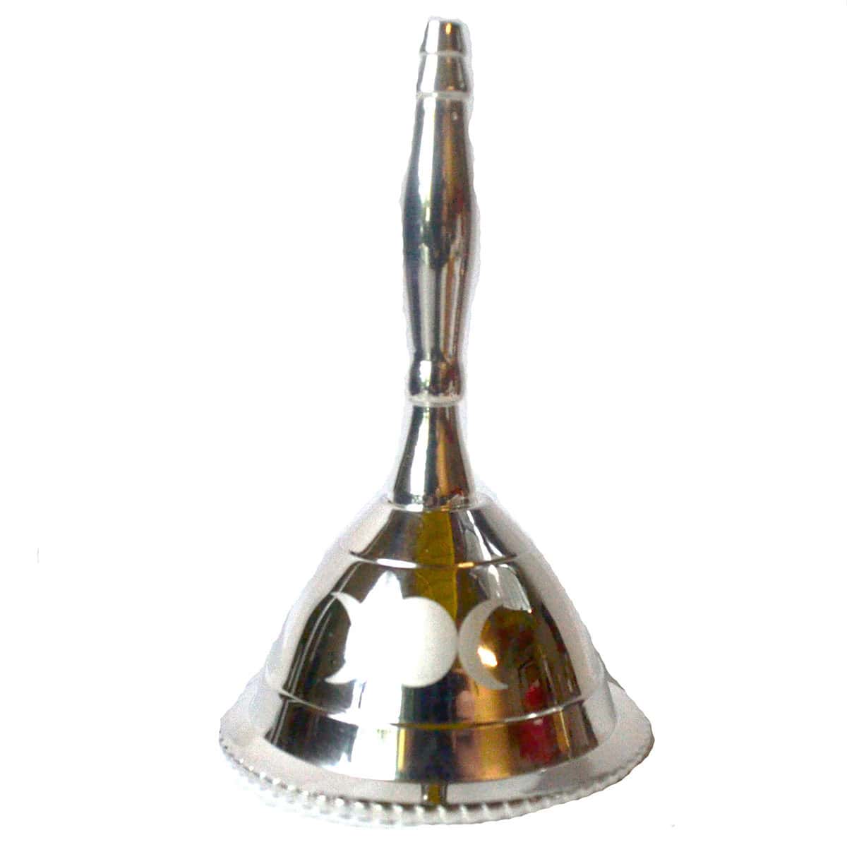 Bell with a metallic finish, simple design, and a slender handle.