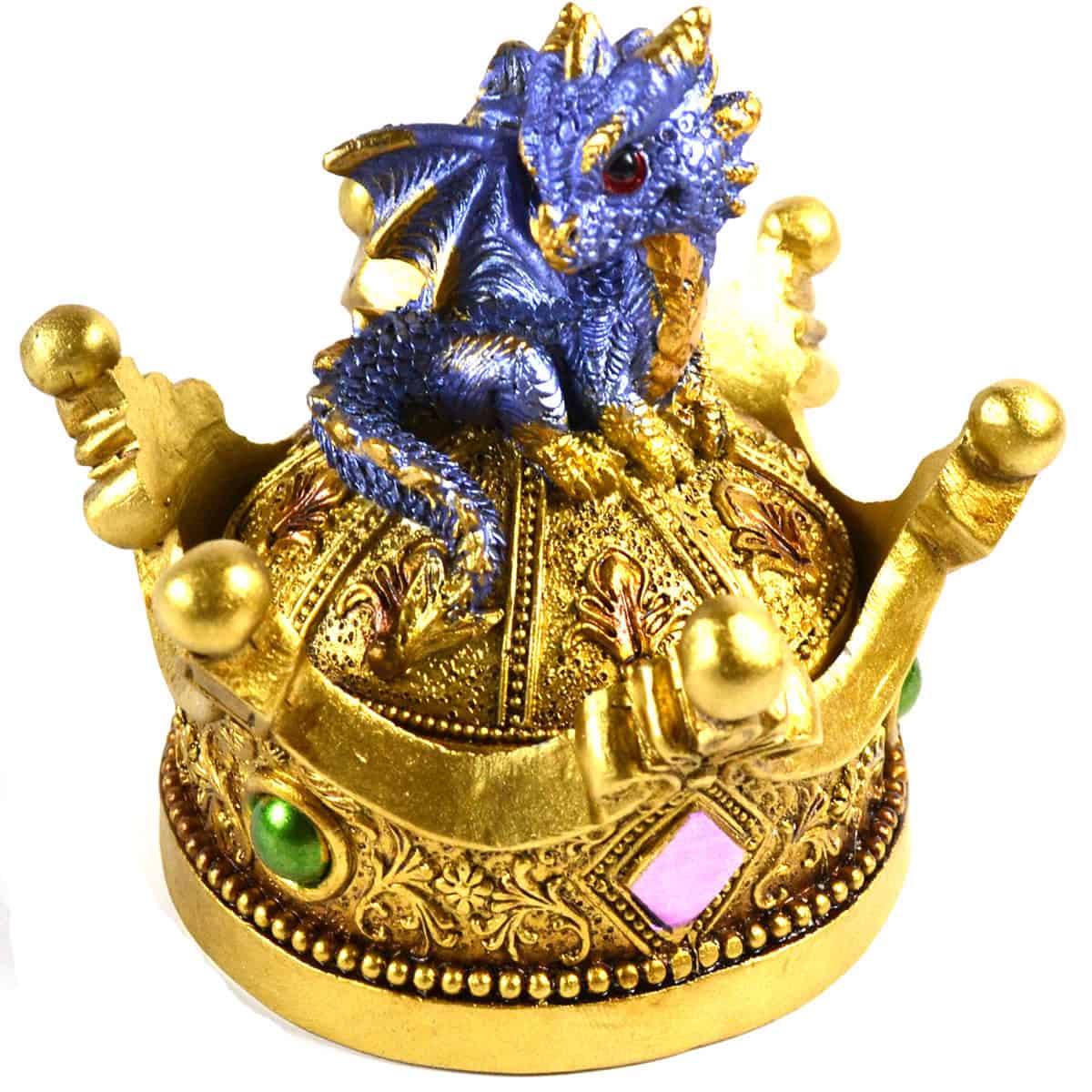 Detailed image of a small blue and gold dragon figurine perched on a decorative golden crown with ge.
