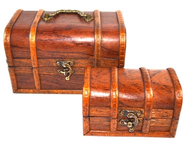 Treasure chest made of wood with metal fittings and latch.