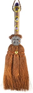 Druidic staff featuring gemstones, beads, and tassels, used in Celtic spiritual practices.