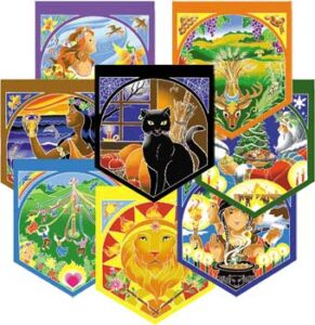A set of colorful Celtic-themed tarot cards featuring nature, animals, and spiritual symbols.