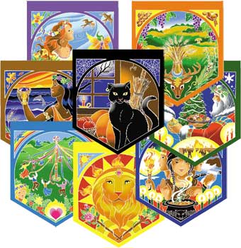 A set of colorful Celtic-themed tarot cards featuring nature, animals, and spiritual symbols.