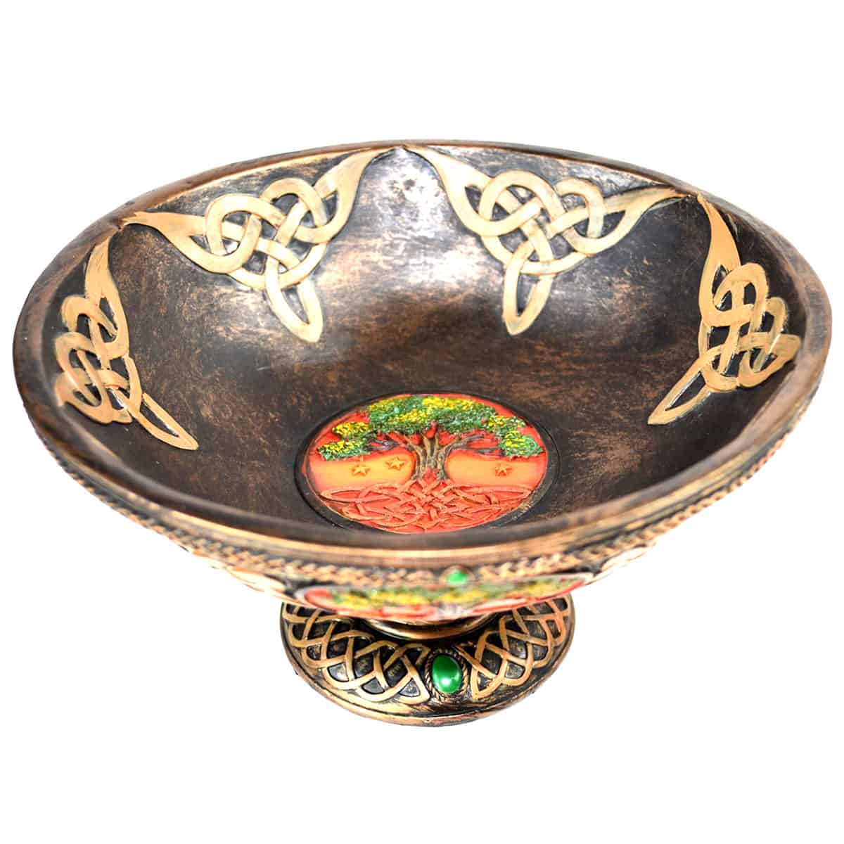 Decorative bowl featuring Celtic knot patterns and a colorful tree motif at the center.