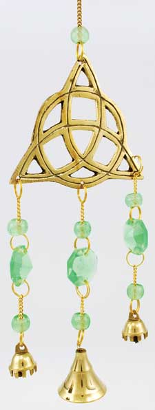 Wind chime with green beads and gold bells, inspired by Celtic design elements.