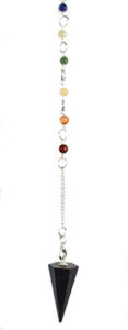 Pendulum with colorful beads and black cone, used in Celtic spiritual practices.