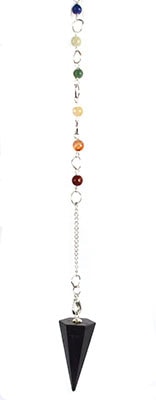 Pendulum with colorful beads and black cone, used in Celtic spiritual practices.
