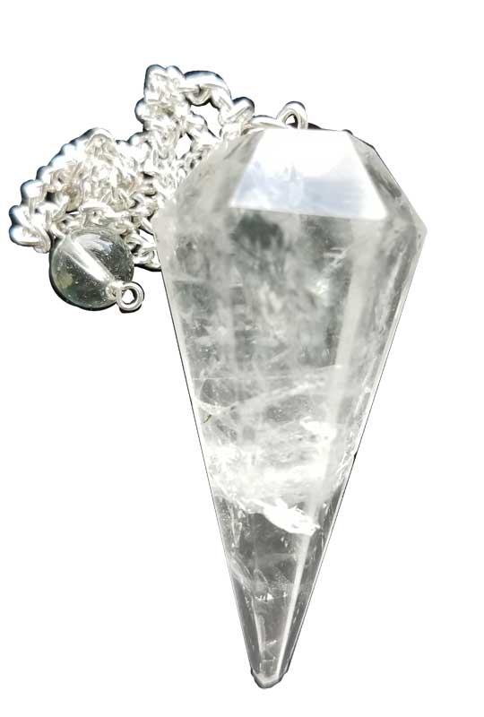 Clear quartz crystal pendulum used for divination, meditation, and spiritual practices.