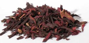 Dried hibiscus petals used in herbal teas and natural remedies.