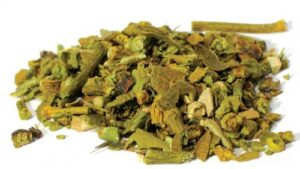 Dried herbal mixture with green and brown plant pieces, used in Celtic spiritual practices.
