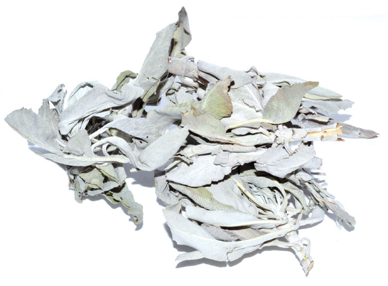 A bundle of dried white sage leaves, used in spiritual cleansing and rituals within Celtic and natur.