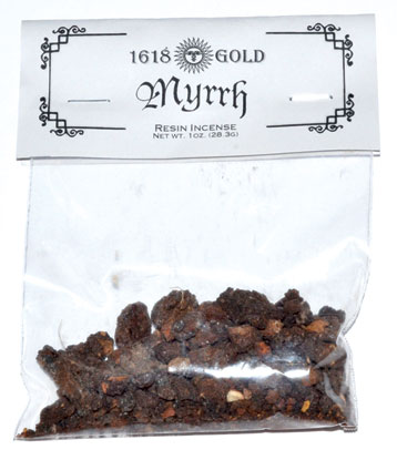 Resin incense in a clear plastic bag with a white label.