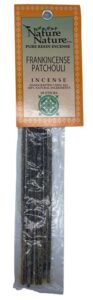 Incense stick with frankincense and patchouli scents for spiritual practice.