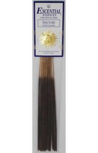 Incense sticks labeled "Sanctuary" with a sun and moon design, used in Celtic spiritual rituals.