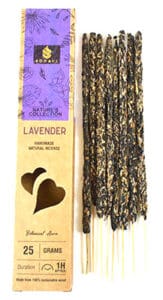A close-up of lavender-scented incense sticks with black and gold packaging.