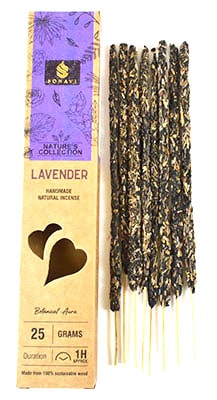 A close-up of lavender-scented incense sticks with black and gold packaging.