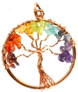 Tree of Life pendant with multicolored gemstones, copper wire wrapping, and a circular frame.