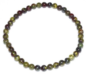 Bracelet made of multicolored round beads, including green, purple, and black hues.