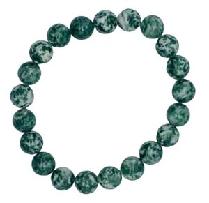 Bracelet made of polished green and white marbled stones, arranged in a circular shape.