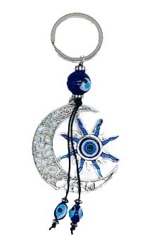 Keychain with crescent moon, sun, and blue beads, inspired by Celtic symbols and nature.