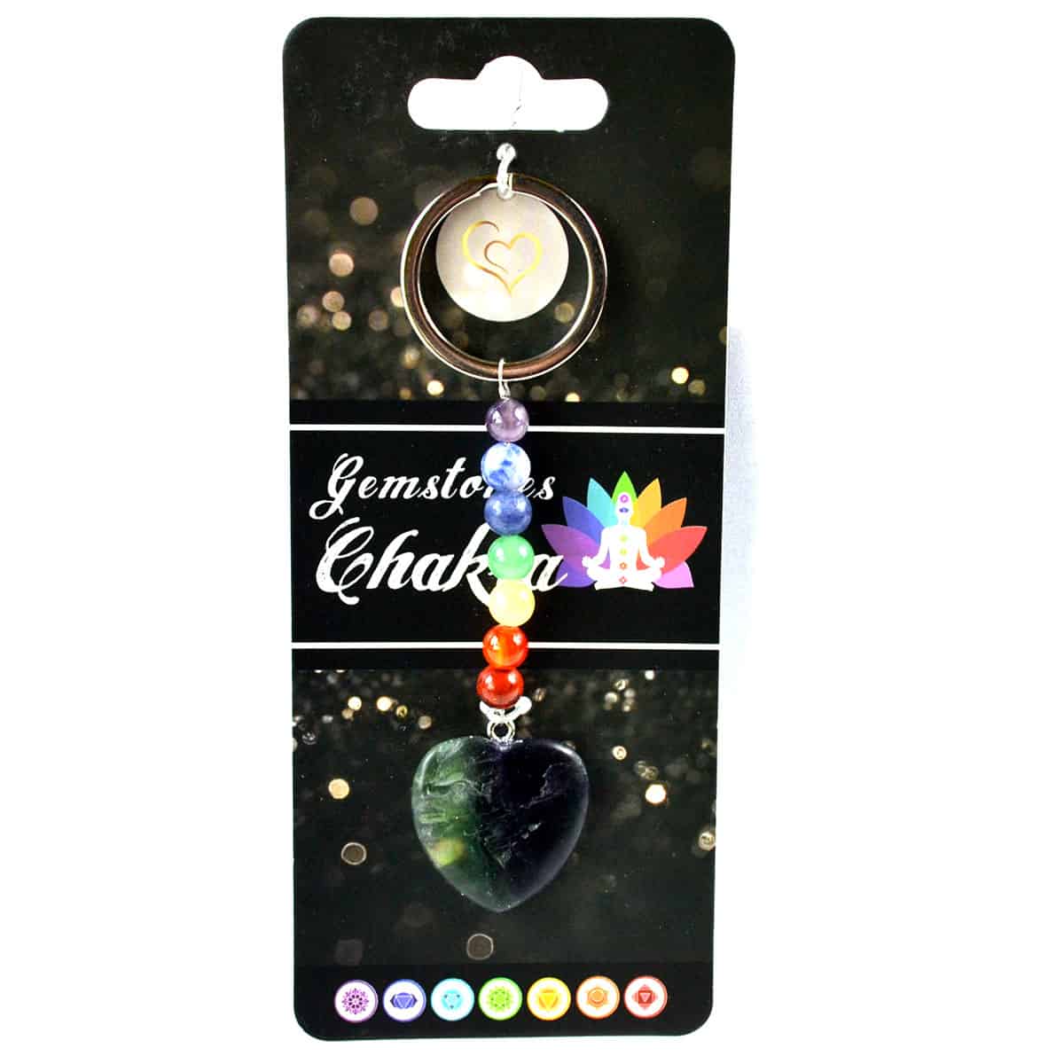 Heart-shaped gemstone keychain with rainbow-colored beads, on a black background.