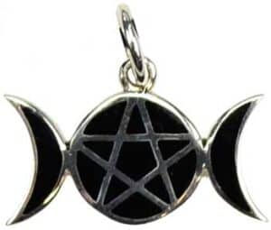 Silver triple moon pendant with pentagram, symbolizing Celtic spirituality and nature.