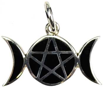 Silver triple moon pendant with pentagram, symbolizing Celtic spirituality and nature.